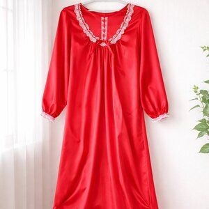 Girls Vintage Satin Nightgown Red with White Lace Size 14 Cottagecore Farmhouse